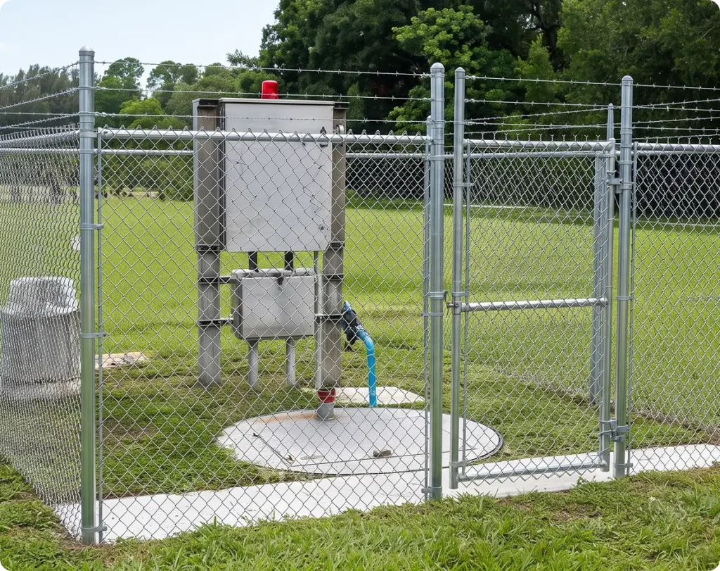 Fenced unattended utility site with a control cabinet and wellhead